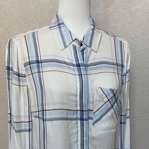 White House Black Market Cream and Blue Plaid Shirt. Size 8 women's. NWOT